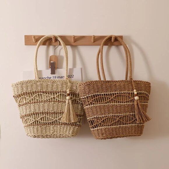 Boho Canvas-Style Straw Tote | Woven Summer Bag Lining & Tassel | Coffee Brown - Picture 2 of 3